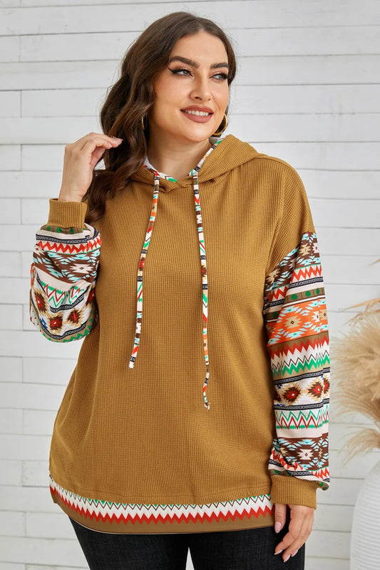 Waffle-Knit Geometric Dropped Shoulder Hoodie - Deb Shops