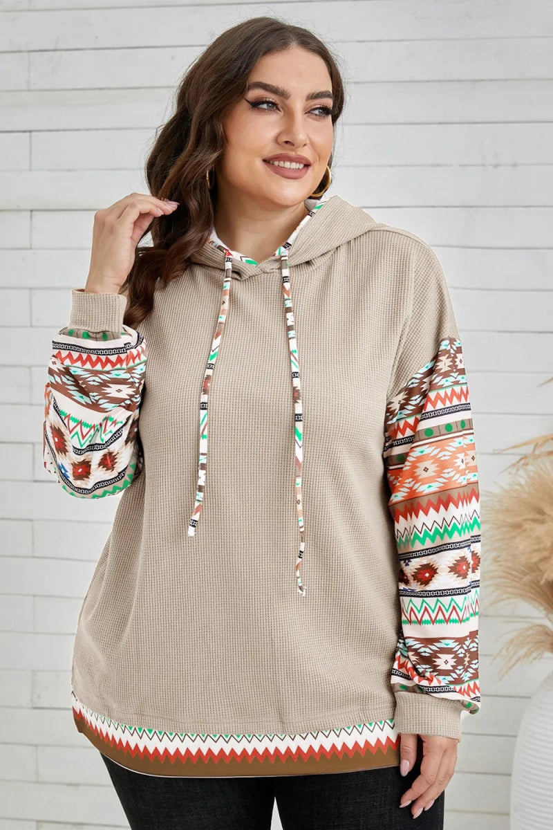 Waffle-Knit Geometric Dropped Shoulder Hoodie - Deb Shops