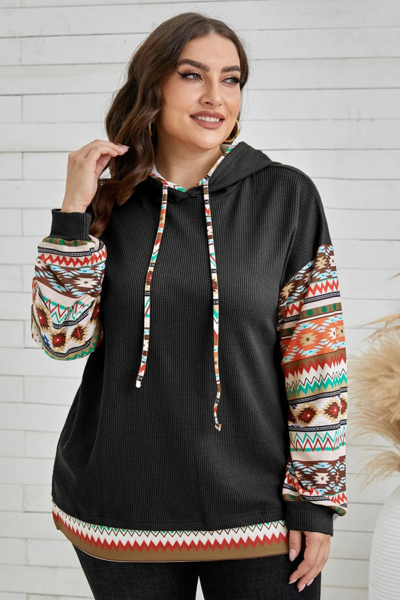 Waffle-Knit Geometric Dropped Shoulder Hoodie - Deb Shops