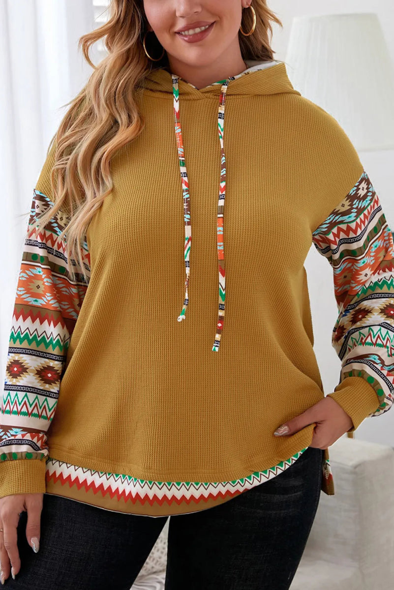 Waffle-Knit Geometric Dropped Shoulder Hoodie - Deb Shops