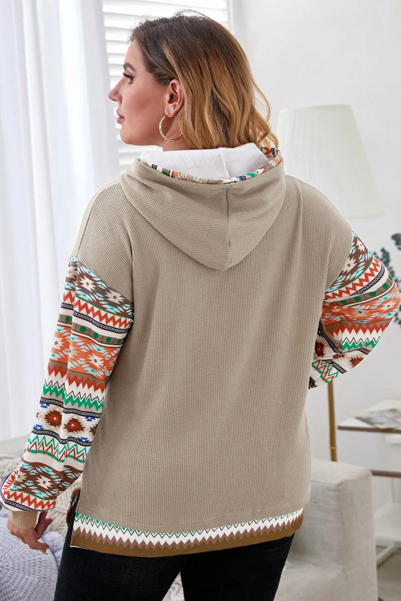 Waffle-Knit Geometric Dropped Shoulder Hoodie - Deb Shops