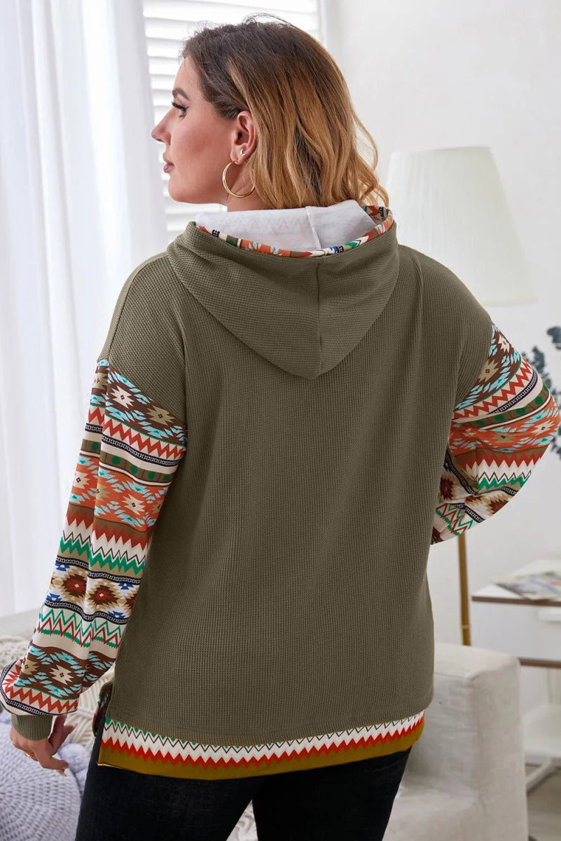 Waffle-Knit Geometric Dropped Shoulder Hoodie - Deb Shops