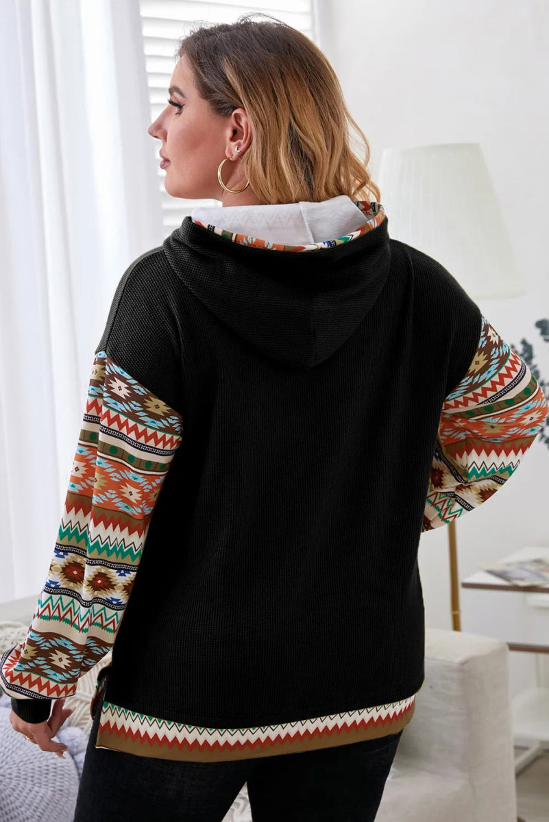 Waffle-Knit Geometric Dropped Shoulder Hoodie - Deb Shops