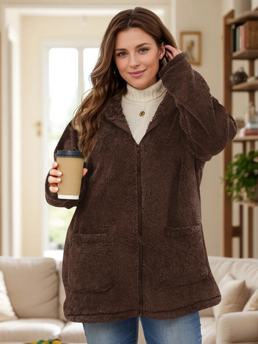 Plus Size Zip Up Long Sleeve Hooded Outerwear - Deb Shops