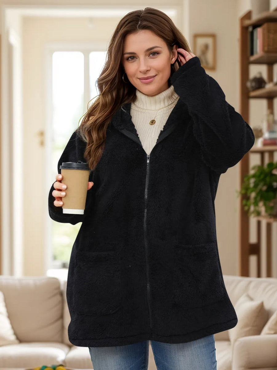 Plus Size Zip Up Long Sleeve Hooded Outerwear - Deb Shops