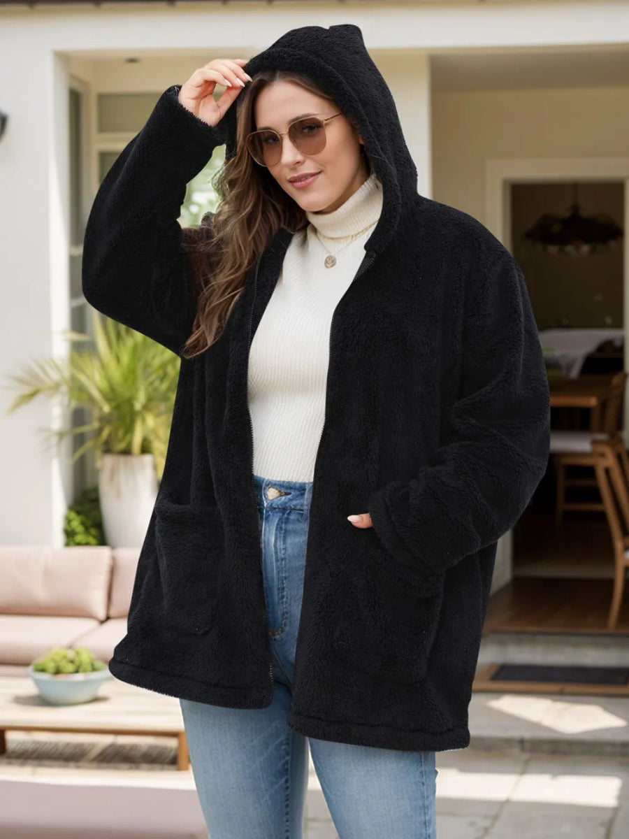 Plus Size Zip Up Long Sleeve Hooded Outerwear - Deb Shops