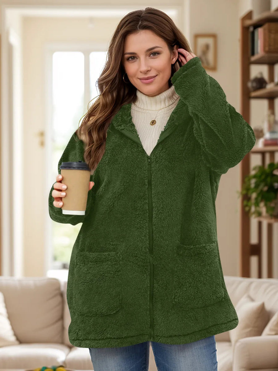 Plus Size Zip Up Long Sleeve Hooded Outerwear - Deb Shops