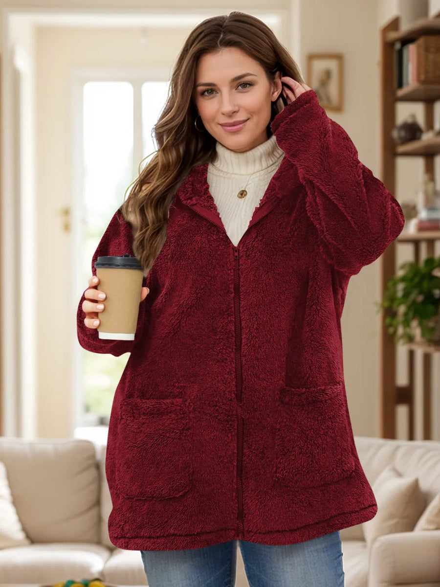 Plus Size Zip Up Long Sleeve Hooded Outerwear - Deb Shops