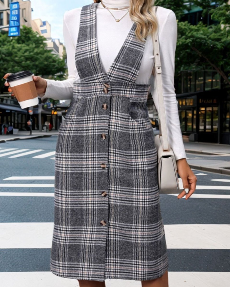 Pocketed Plaid Overall Dress - Deb Shops