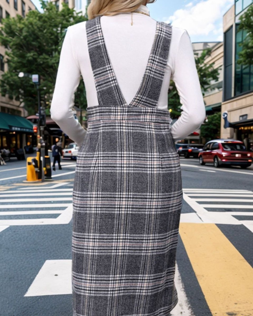 Pocketed Plaid Overall Dress - Deb Shops