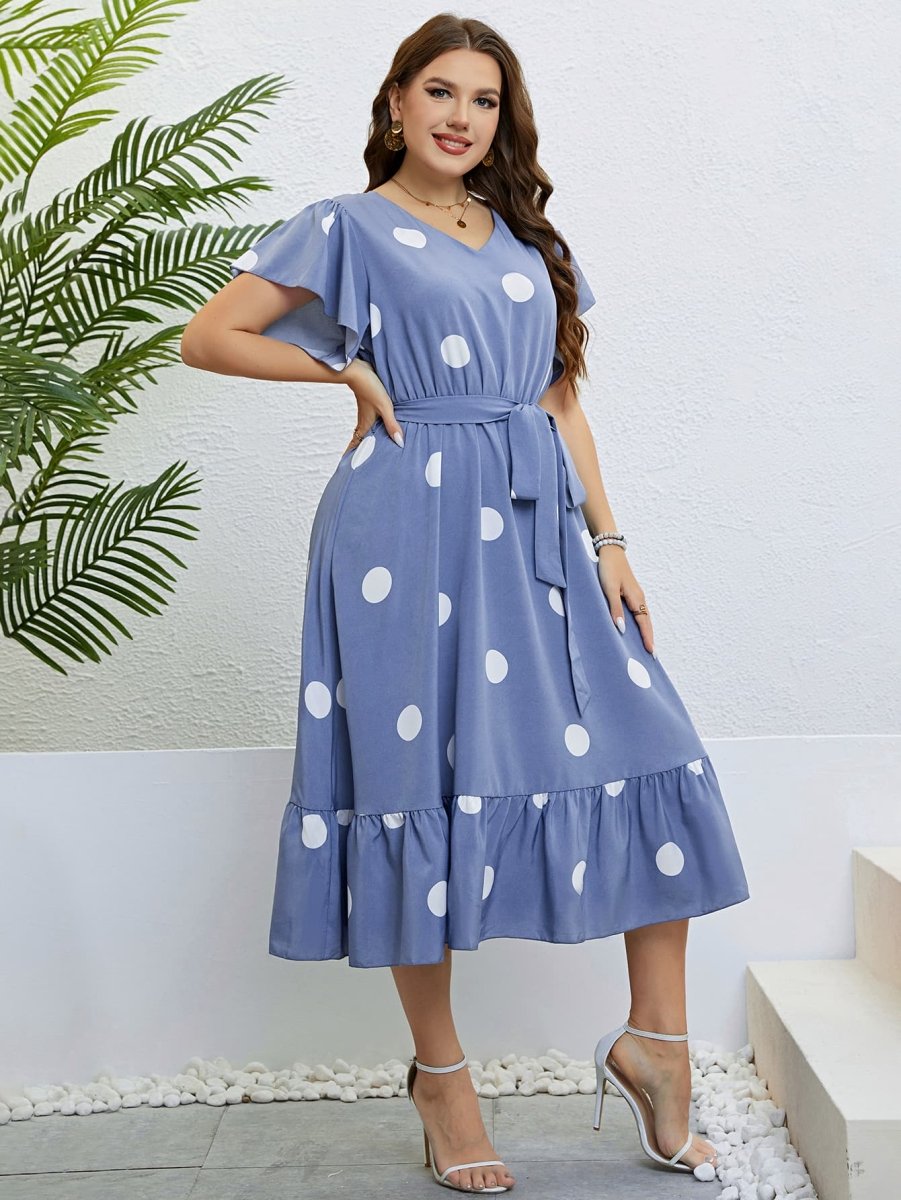 Polka Dot Belted Flutter Sleeve Ruffle Hem Dress - Deb Shops
