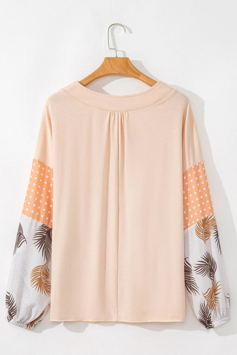 Printed V - Neck Long Sleeve Blouse - Deb Shops