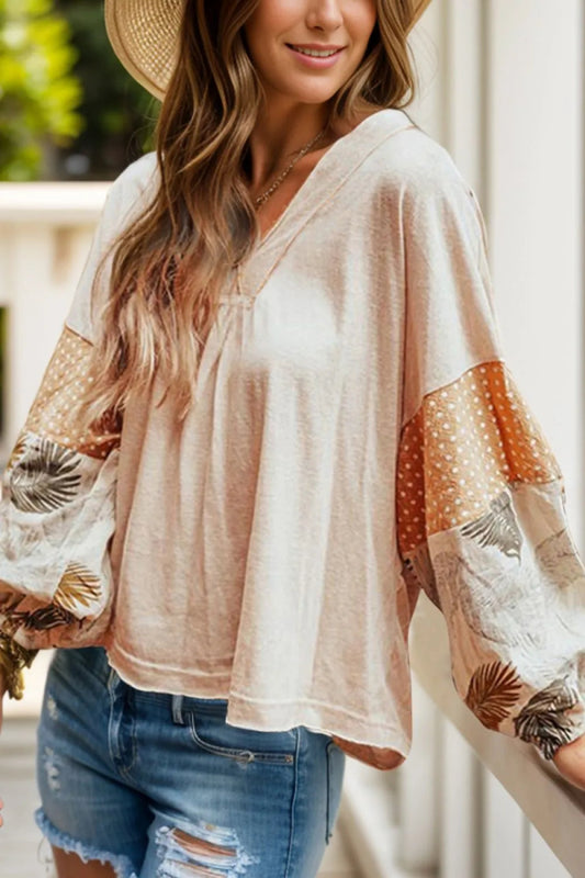 Printed V - Neck Long Sleeve Blouse - Deb Shops