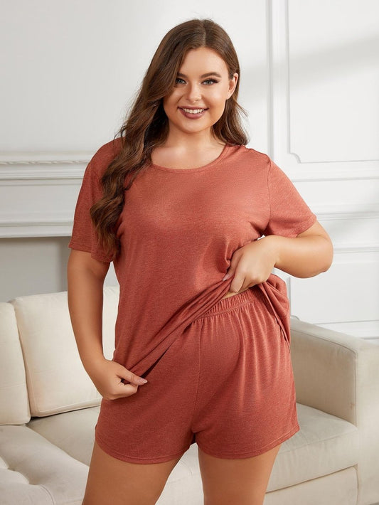 Round Neck Short Sleeve Two - Piece Loungewear Set - Deb Shops