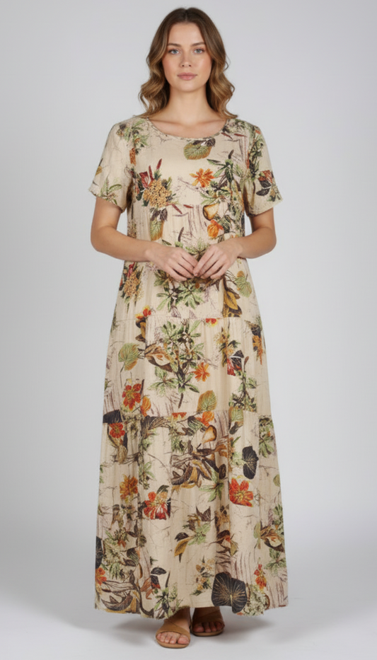 Short Sleeve Retro Linen Print Long Maxi Dress - Deb Shops