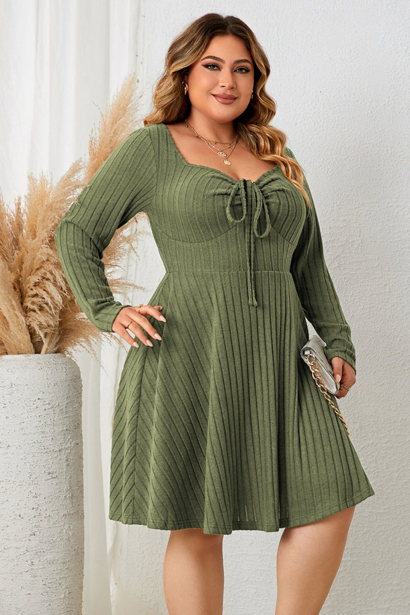 Sweetheart Neck Long Sleeve Ribbed Dress - Deb Shops