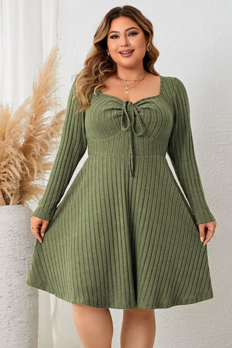 Sweetheart Neck Long Sleeve Ribbed Dress - Deb Shops