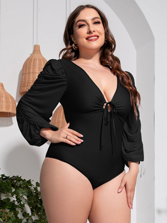 Tied Deep V Balloon Sleeve One - Piece Swimsuit - Deb Shops