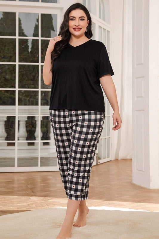 V - Neck Tee and Plaid Cropped Pants Lounge Set - Deb Shops