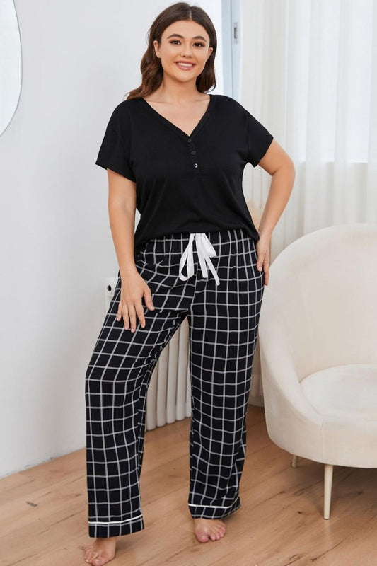 V - Neck Top and Plaid Pants Lounge Set - Deb Shops