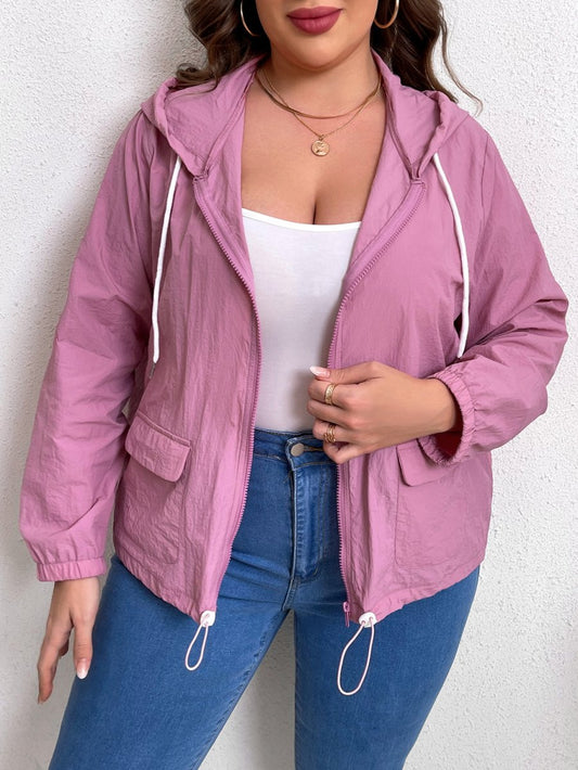 Zip - Up Drawstring Hooded Jacket with Pockets - Deb Shops