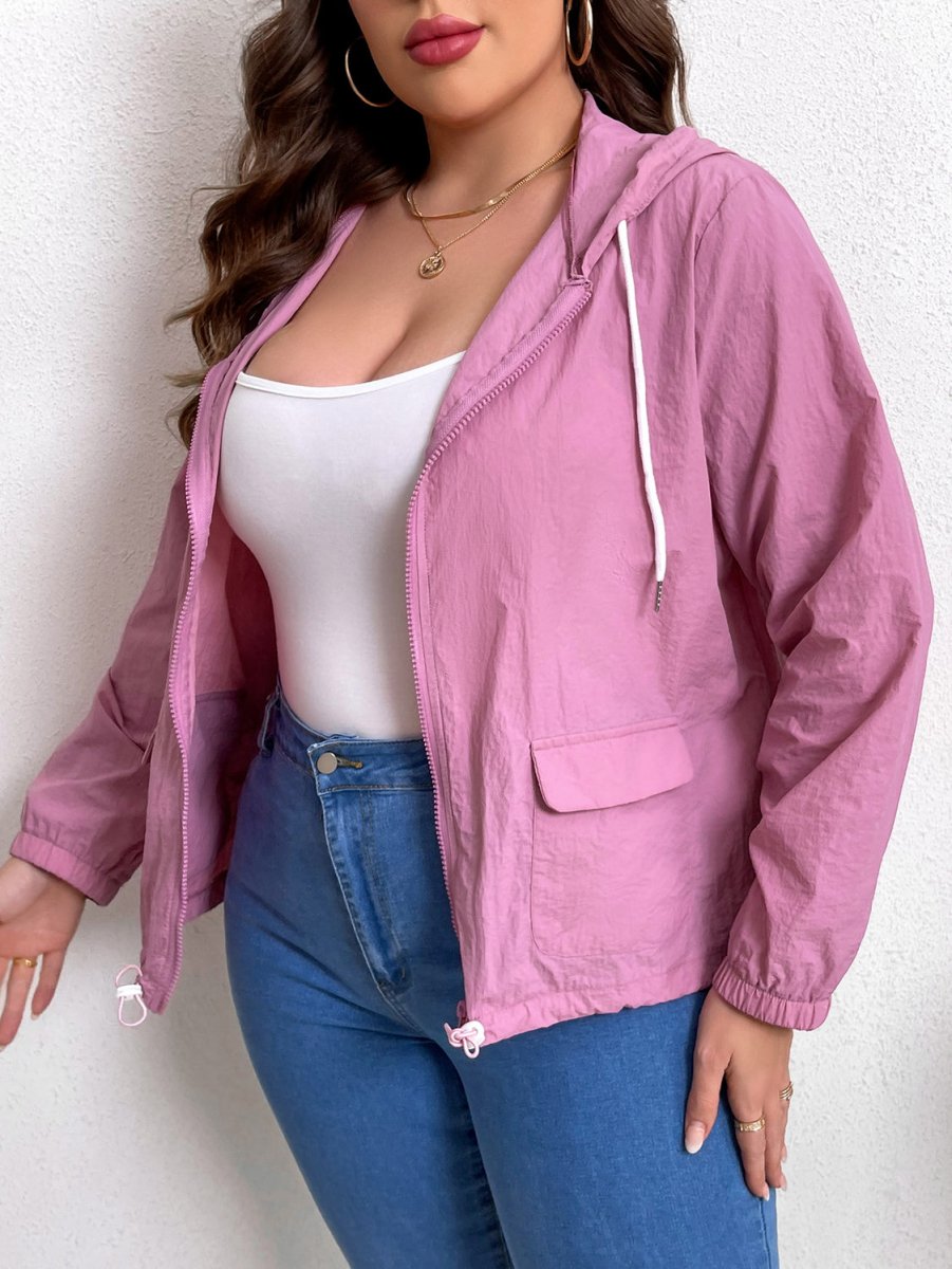 Zip - Up Drawstring Hooded Jacket with Pockets - Deb Shops