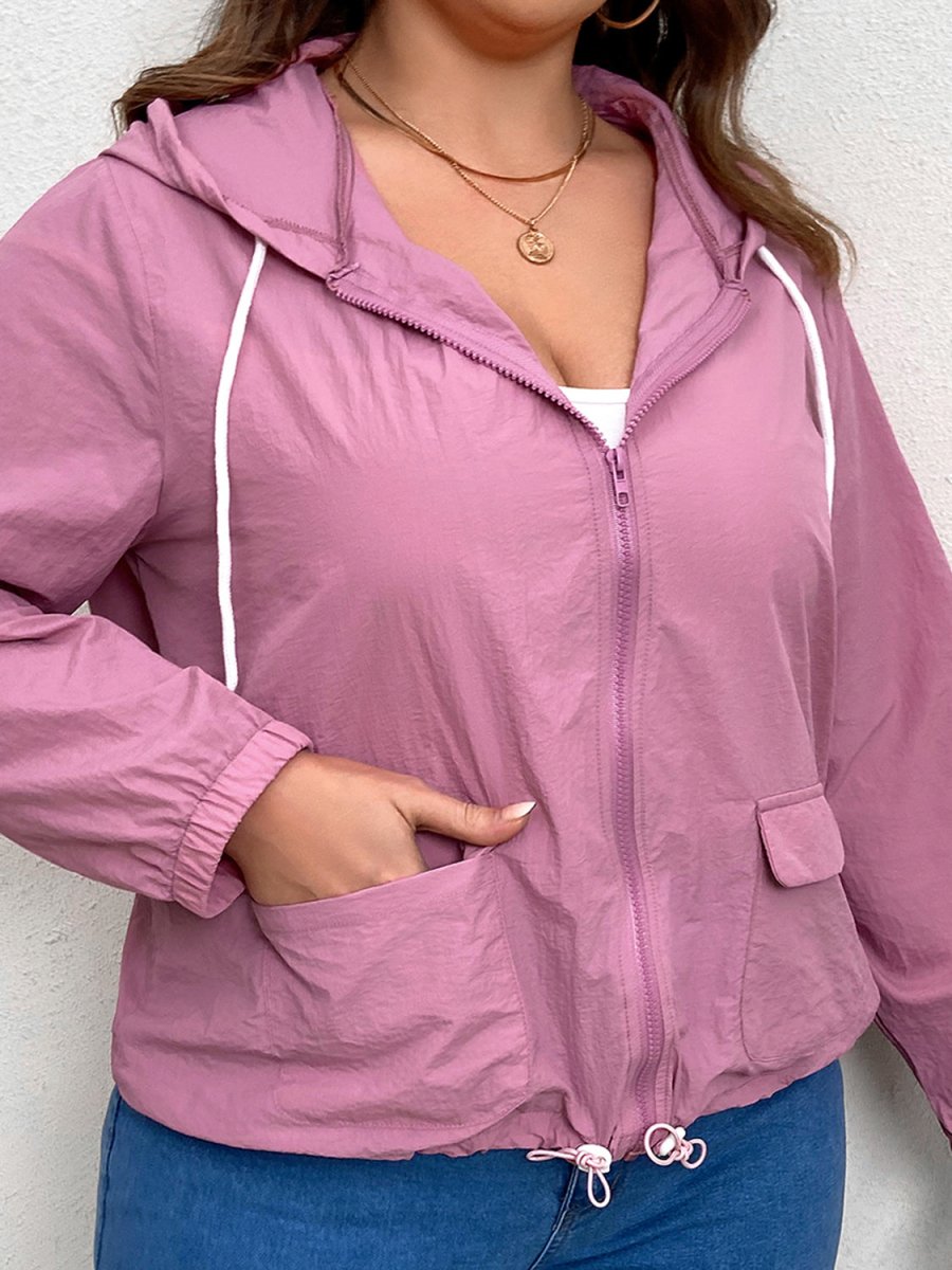 Zip - Up Drawstring Hooded Jacket with Pockets - Deb Shops