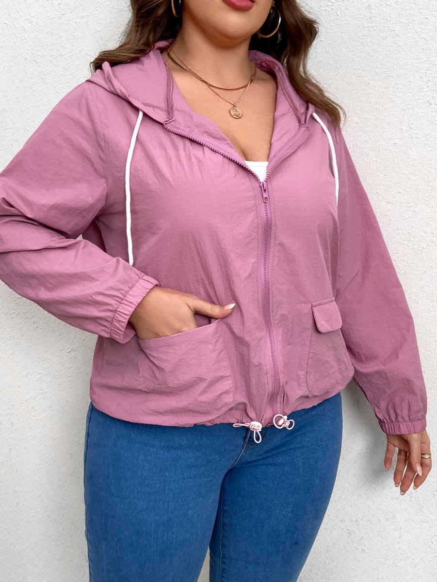 Zip - Up Drawstring Hooded Jacket with Pockets - Deb Shops