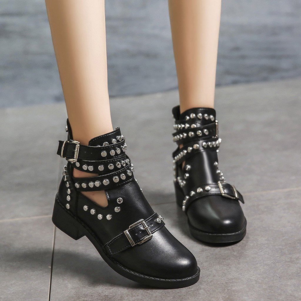 Retro Rivet Motorcycle Leather Ankle Boots Low Heel - Debshops