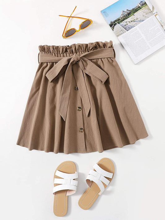 Women's Casual Self Tie Waist Frill Double Pocket Short Skirt - Debshops