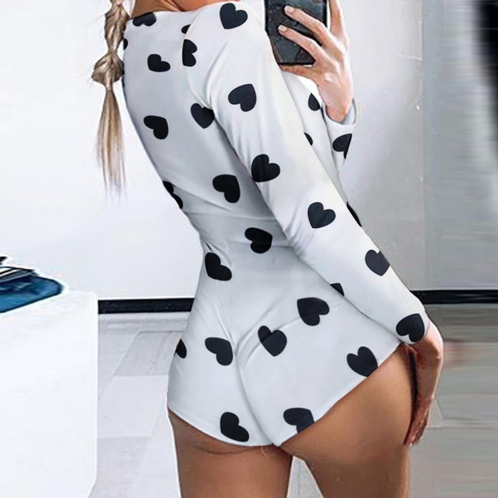 Long Sleeve V Neck Love Pattern Print Pajama Romper - Debshops