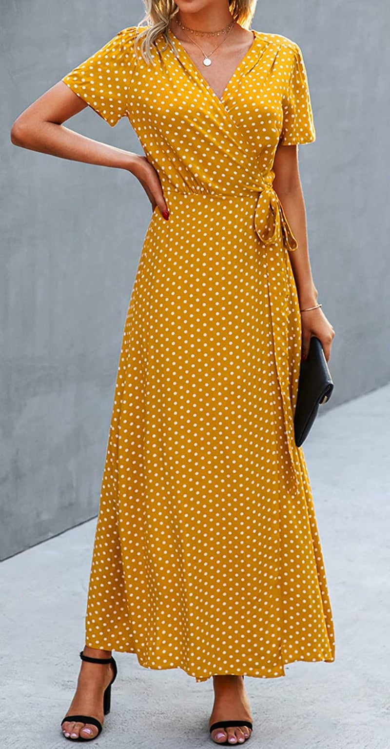 Women’s V Neck Wrap Vintage Floral Print Short Sleeve Split Belted Flowy Boho Beach Long Dress - Debshops