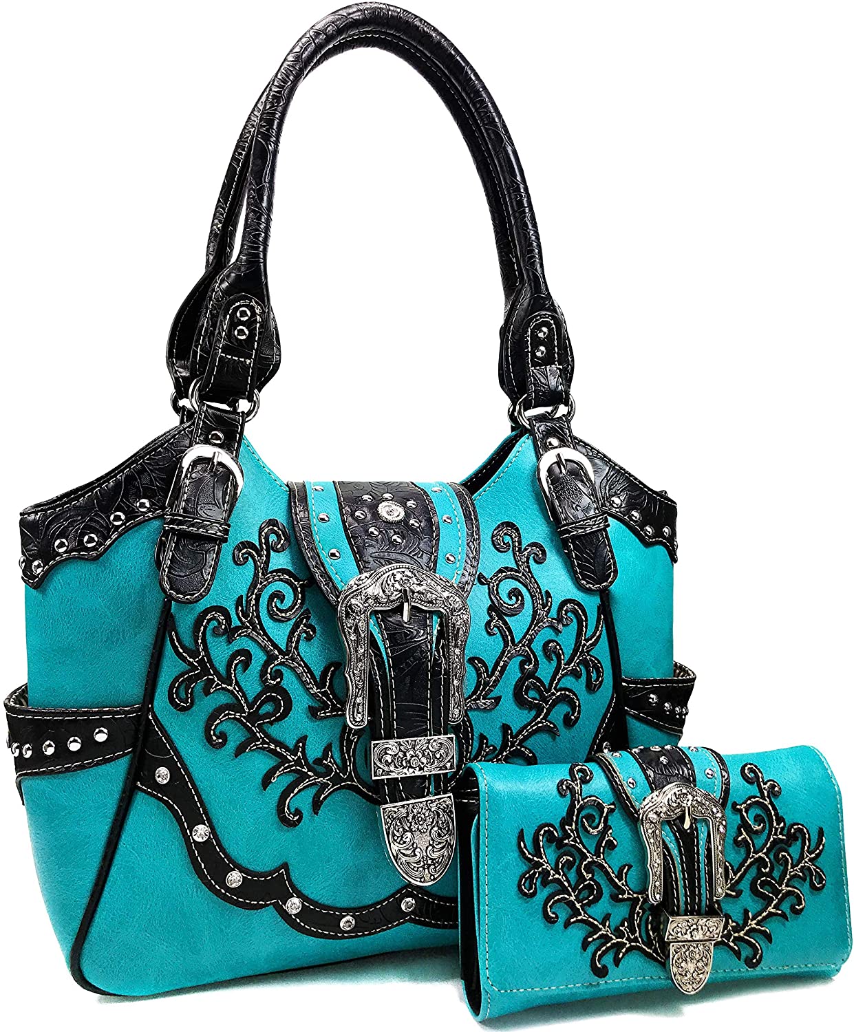 Floral Embroidery Buckle Shoulder Concealed Carry Women Tote Purse Handbag with Cross-Body Wallet Set - Debshops