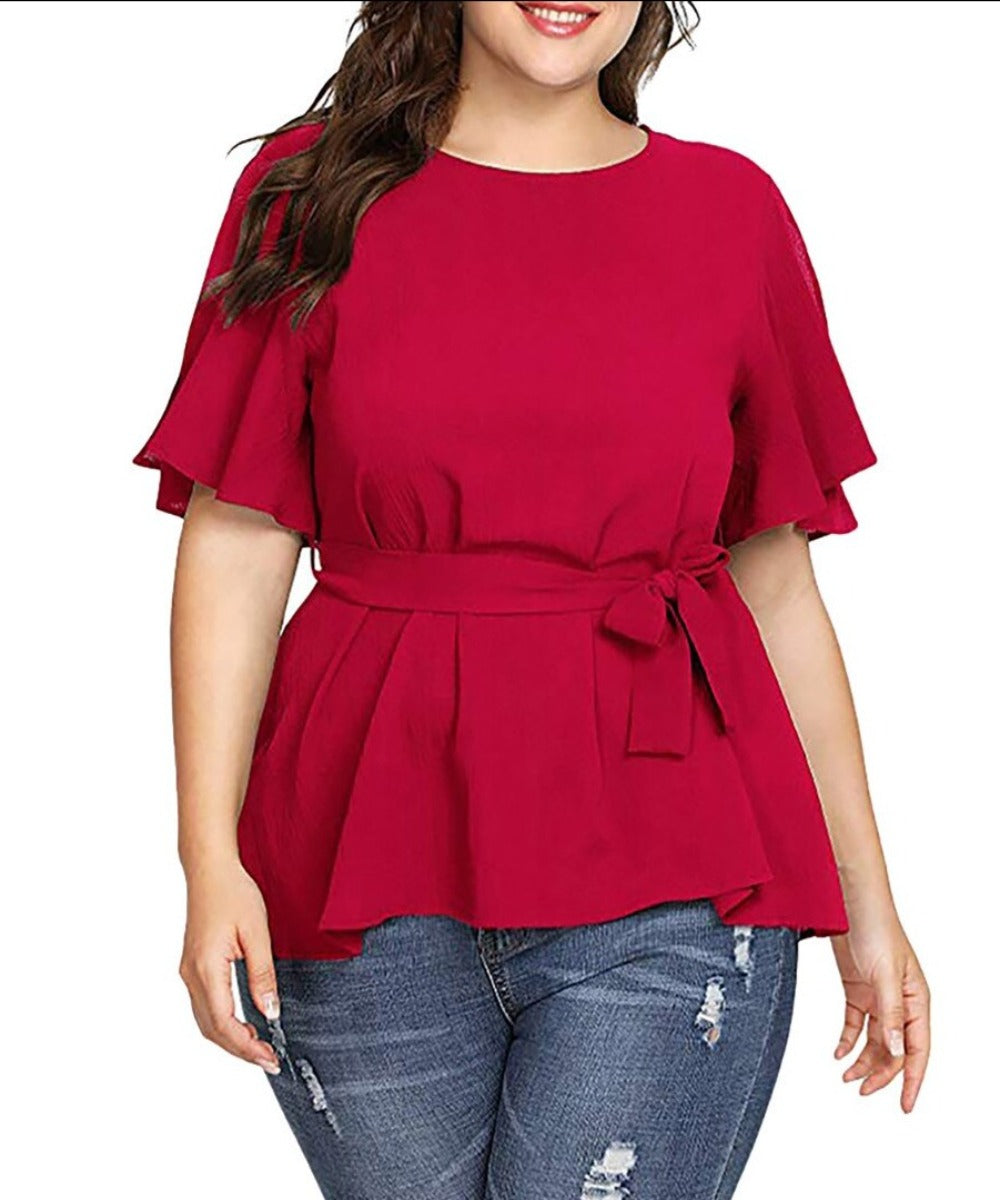 Plus Size Sleeve Shirt Belted Top - Deb Shops
