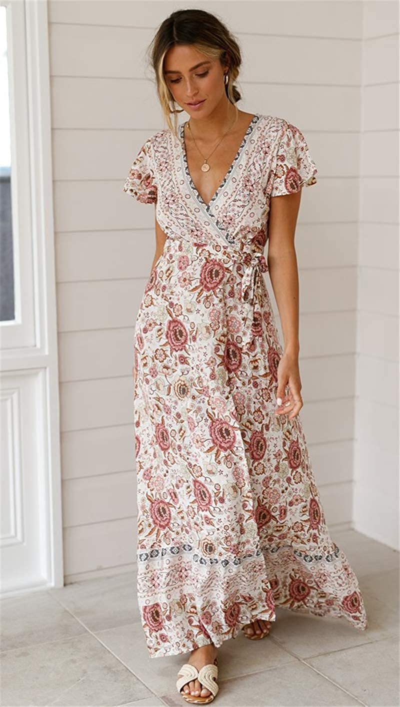 Women’s V Neck Wrap Vintage Floral Print Short Sleeve Split Belted Flowy Boho Beach Long Dress - Debshops