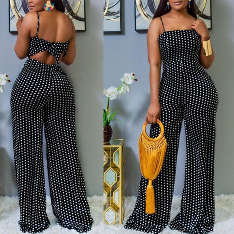 Spot Printed Chest Wrapped Suspender Jumpsuit - Debshops