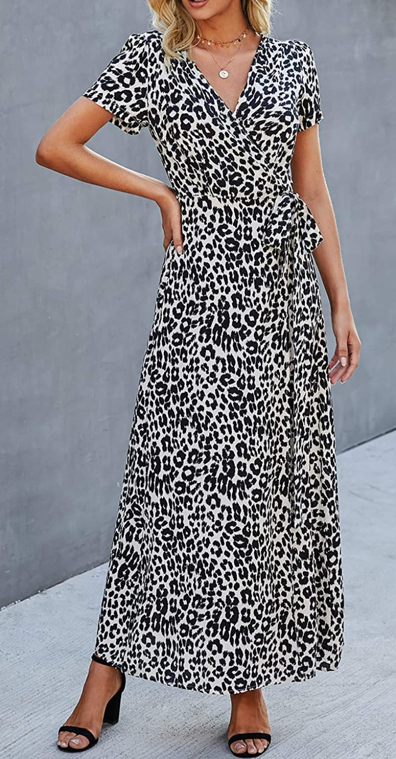 Women’s V Neck Wrap Vintage Floral Print Short Sleeve Split Belted Flowy Boho Beach Long Dress - Debshops
