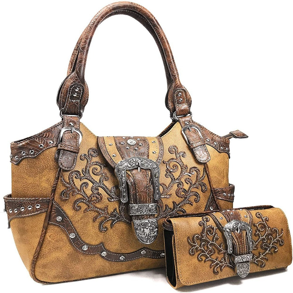 Floral Embroidery Buckle Shoulder Concealed Carry Shoulder Handbag with Cross-Body Wallet - Debshops