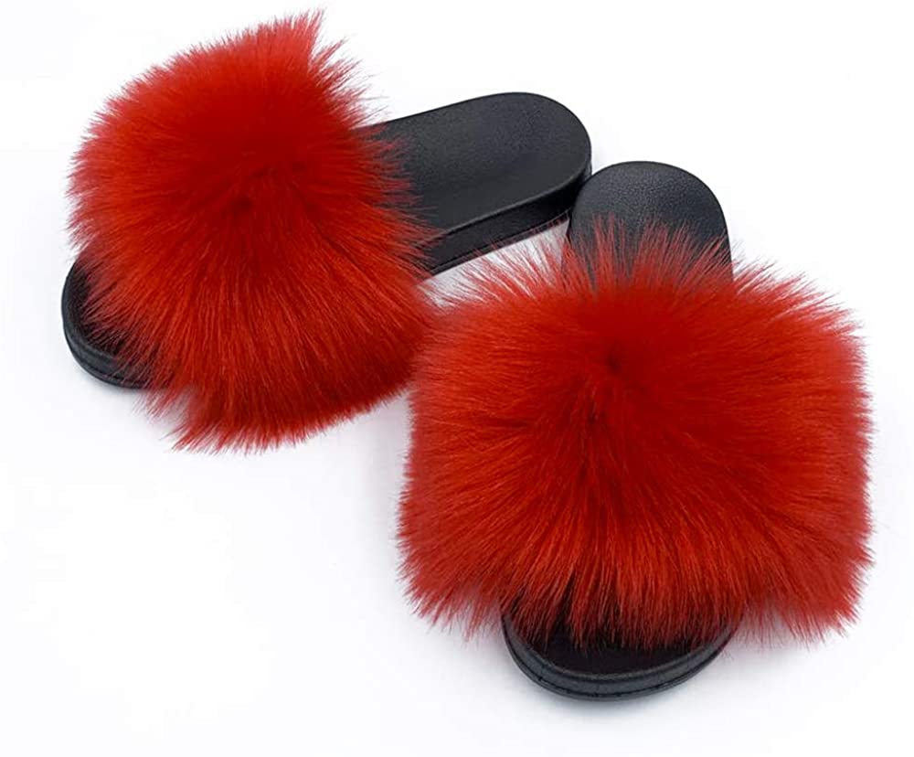 Faux Fur Slippers Fluffy Fuzzy Sandals Open Toe Slides Flip Flop - Debshops