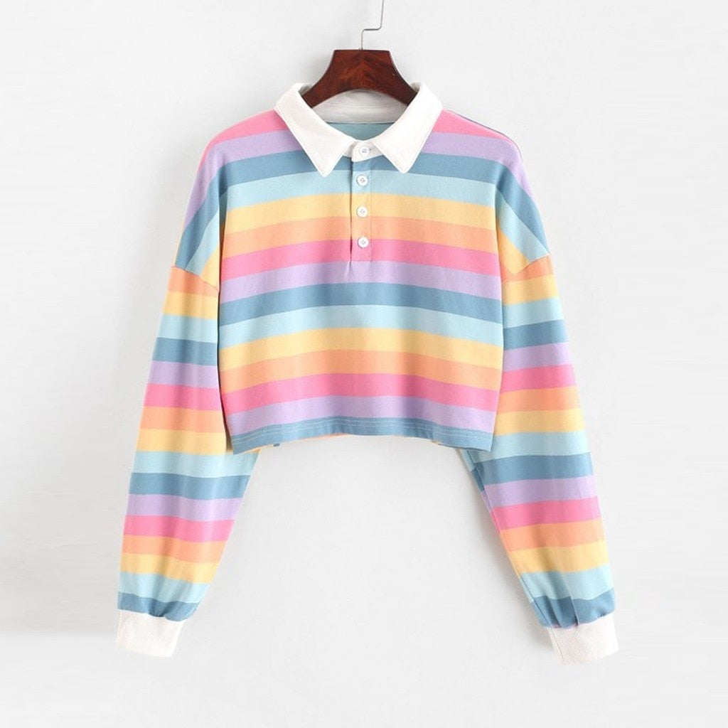 Rainbow Patchwork Button Turn-down Crop Pullover - Debshops