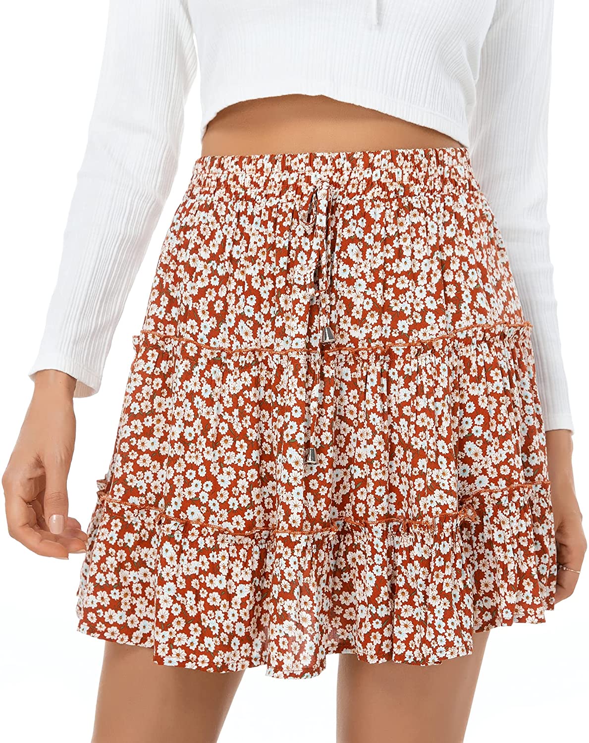 Women's Floral Flowy Skirt, Hight Waist Tiered Ruffle Mini Skirt with Drawstring - Debshops