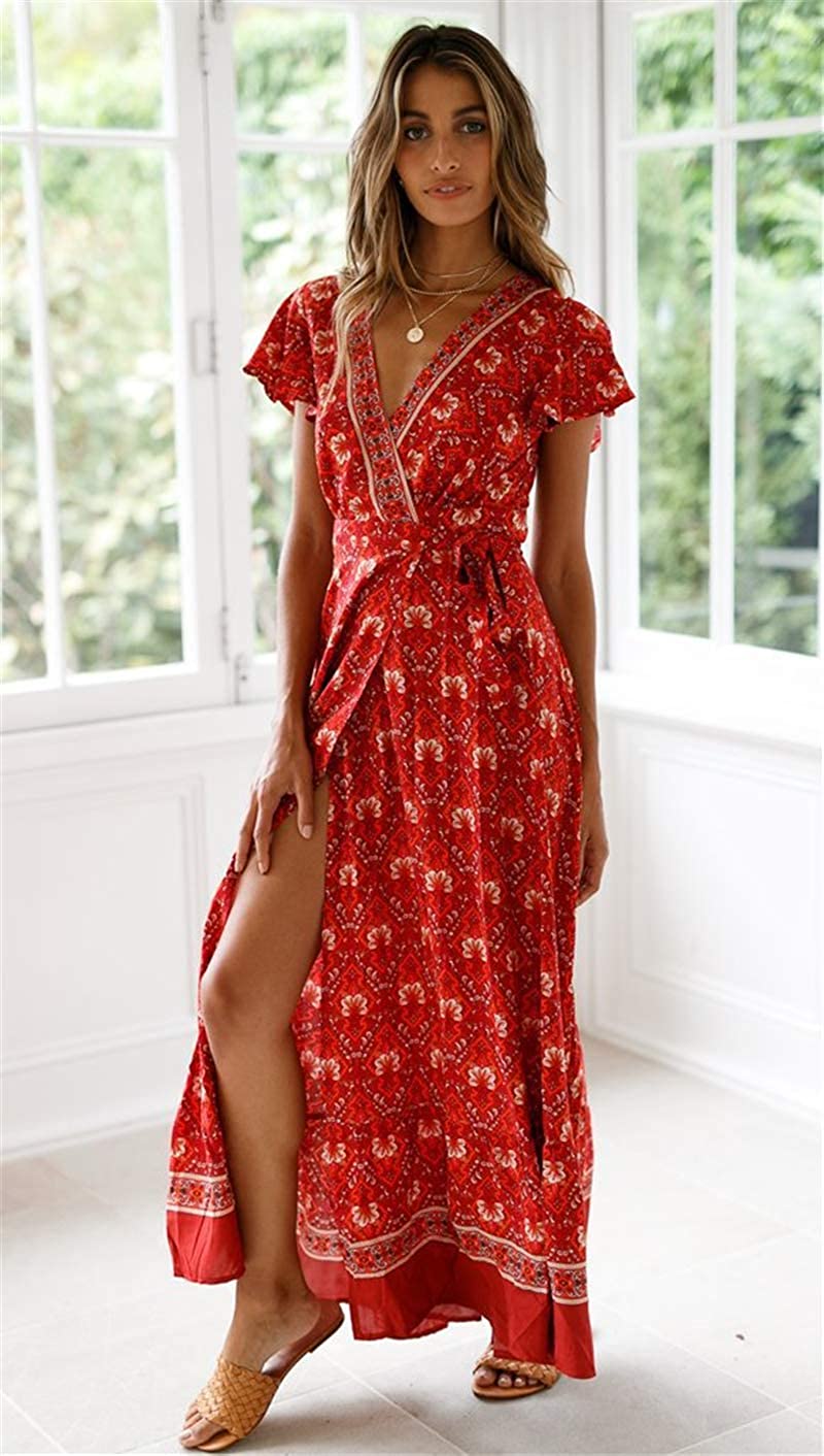 Women’s V Neck Wrap Vintage Floral Print Short Sleeve Split Belted Flowy Boho Beach Long Dress - Debshops