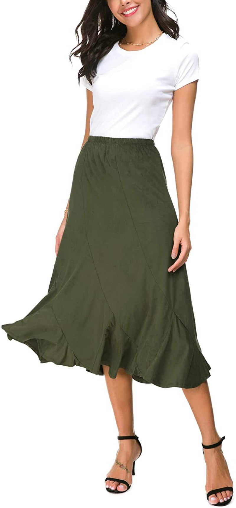 Women's Elegant Ankle Length Ruffle Hem Elastic Waist Midi Skirt - Debshops
