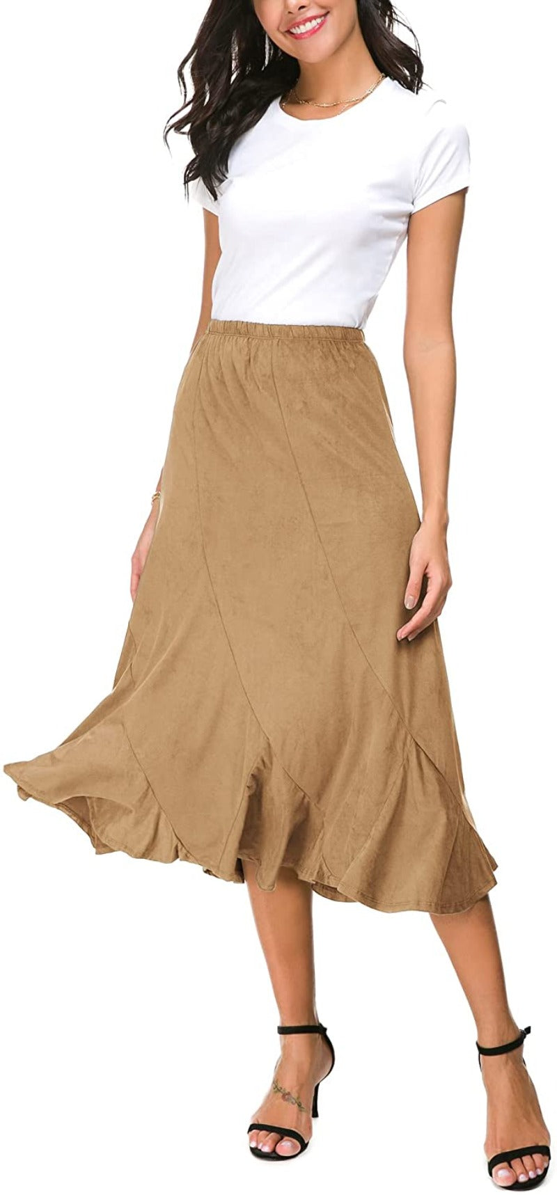 Women's Elegant Ankle Length Ruffle Hem Elastic Waist Midi Skirt - Debshops