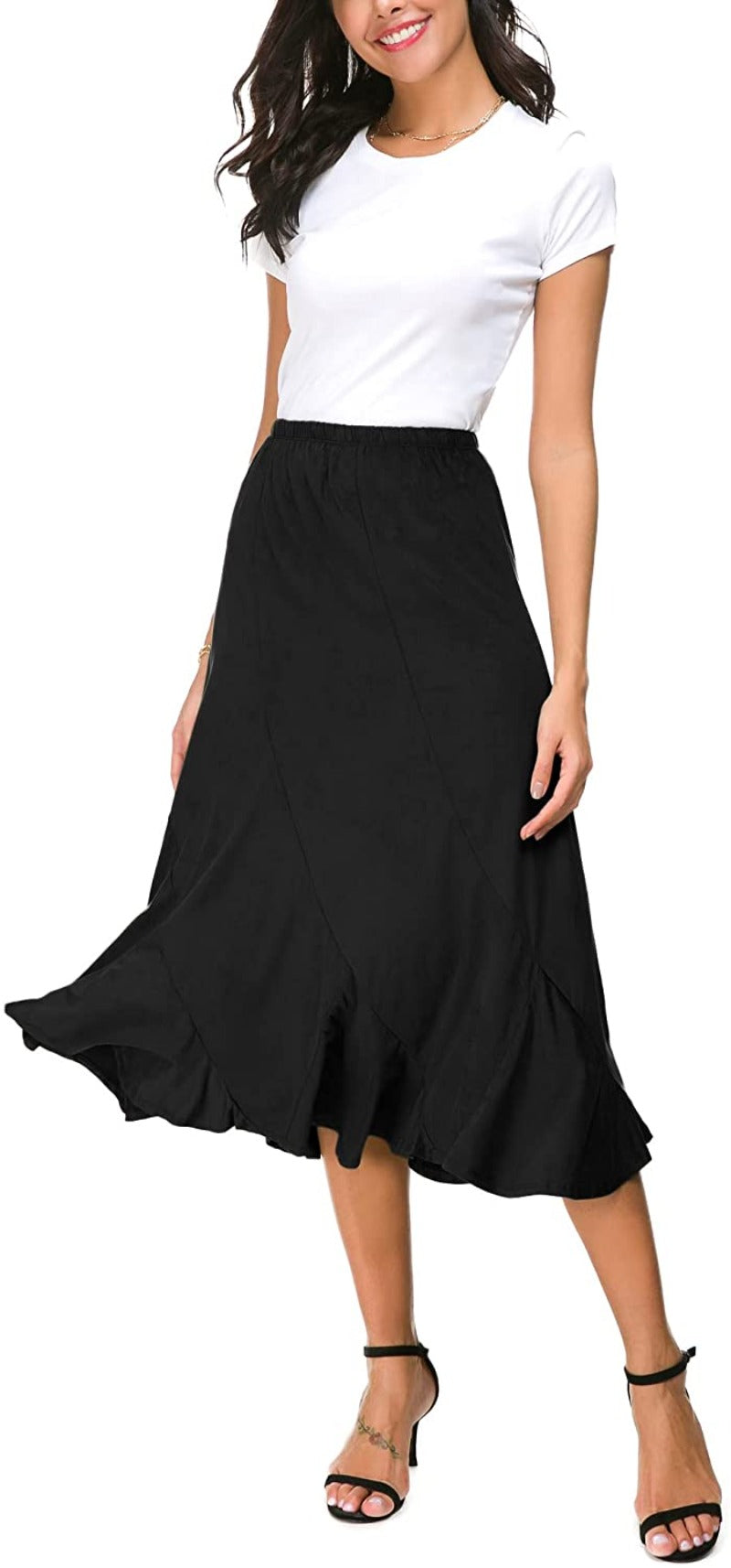 Women's Elegant Ankle Length Ruffle Hem Elastic Waist Midi Skirt - Debshops