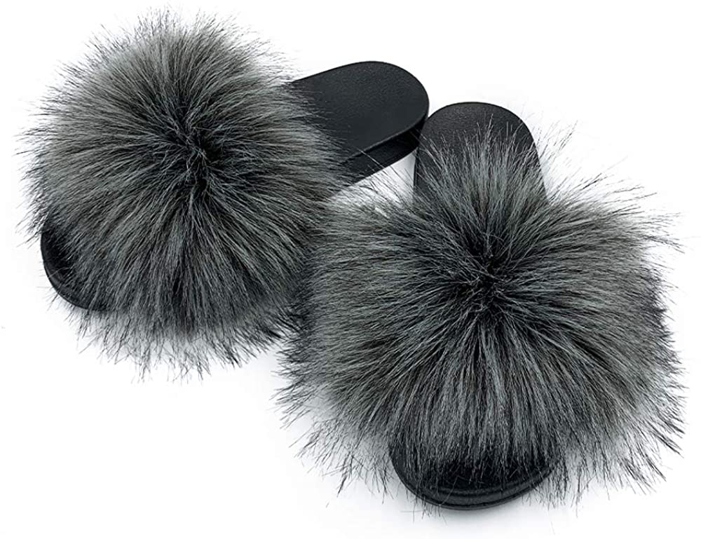 Faux Fur Slippers Fluffy Fuzzy Sandals Open Toe Slides Flip Flop - Debshops