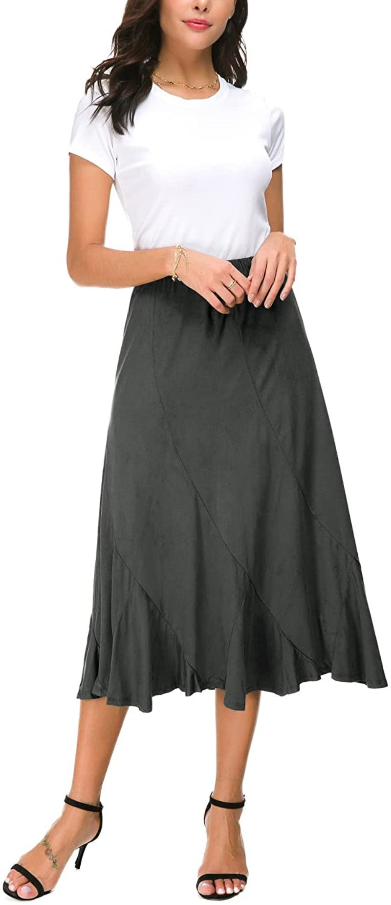 Women's Elegant Ankle Length Ruffle Hem Elastic Waist Midi Skirt - Debshops