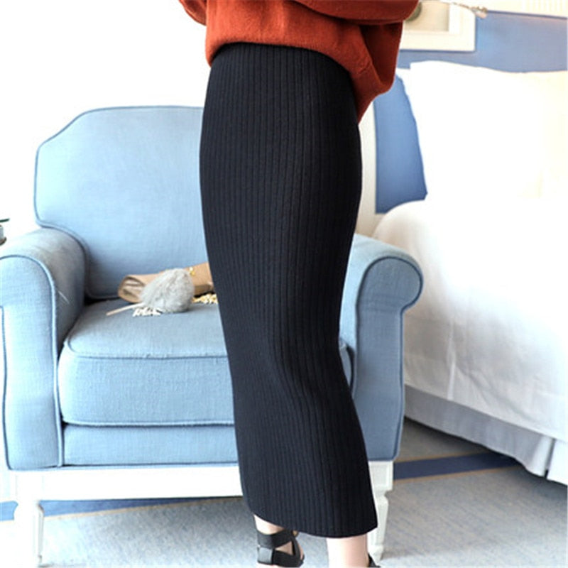 Woolen Long Midi Step Pencil Skirt - Debshops