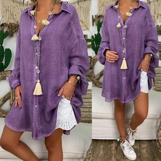 Linen Blouse Long Sleeve Turn Down Collar Tunic Thin - Debshops
