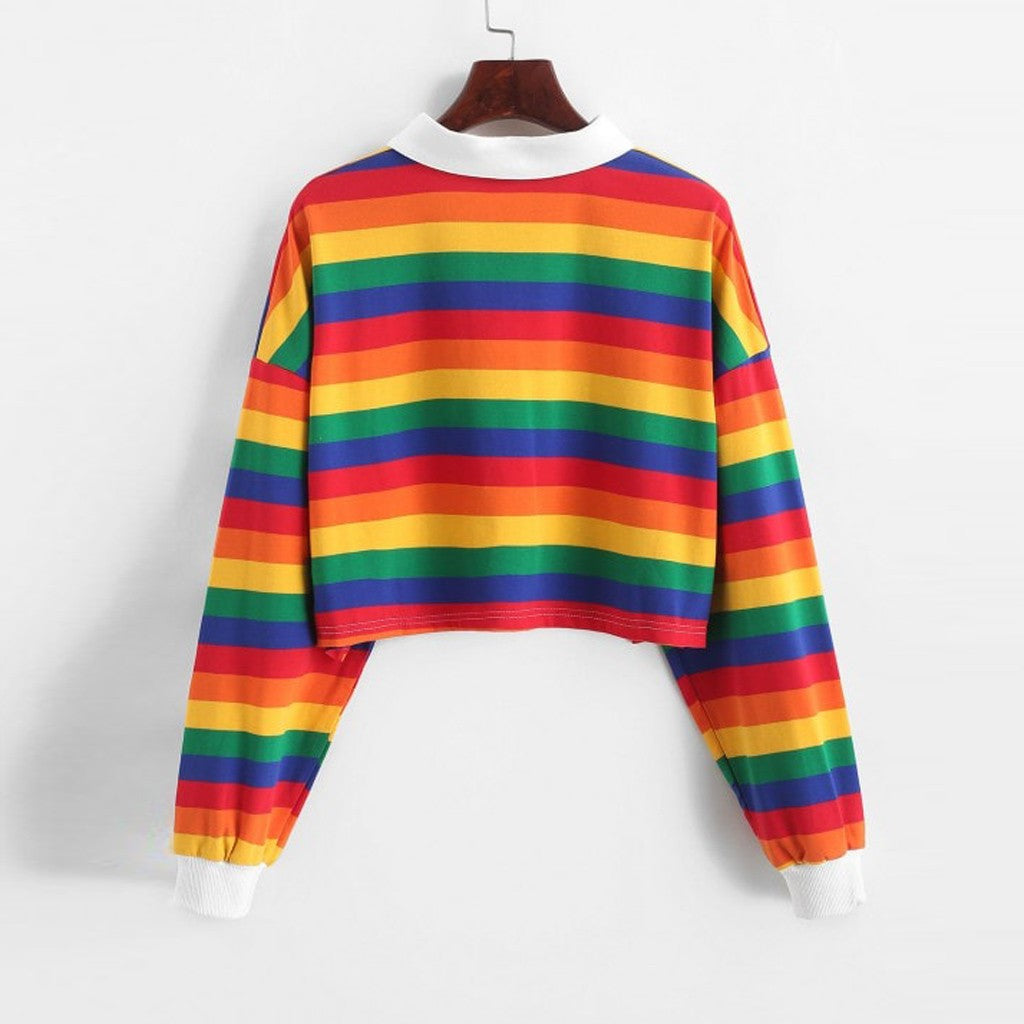 Rainbow Patchwork Button Turn-down Crop Pullover - Debshops